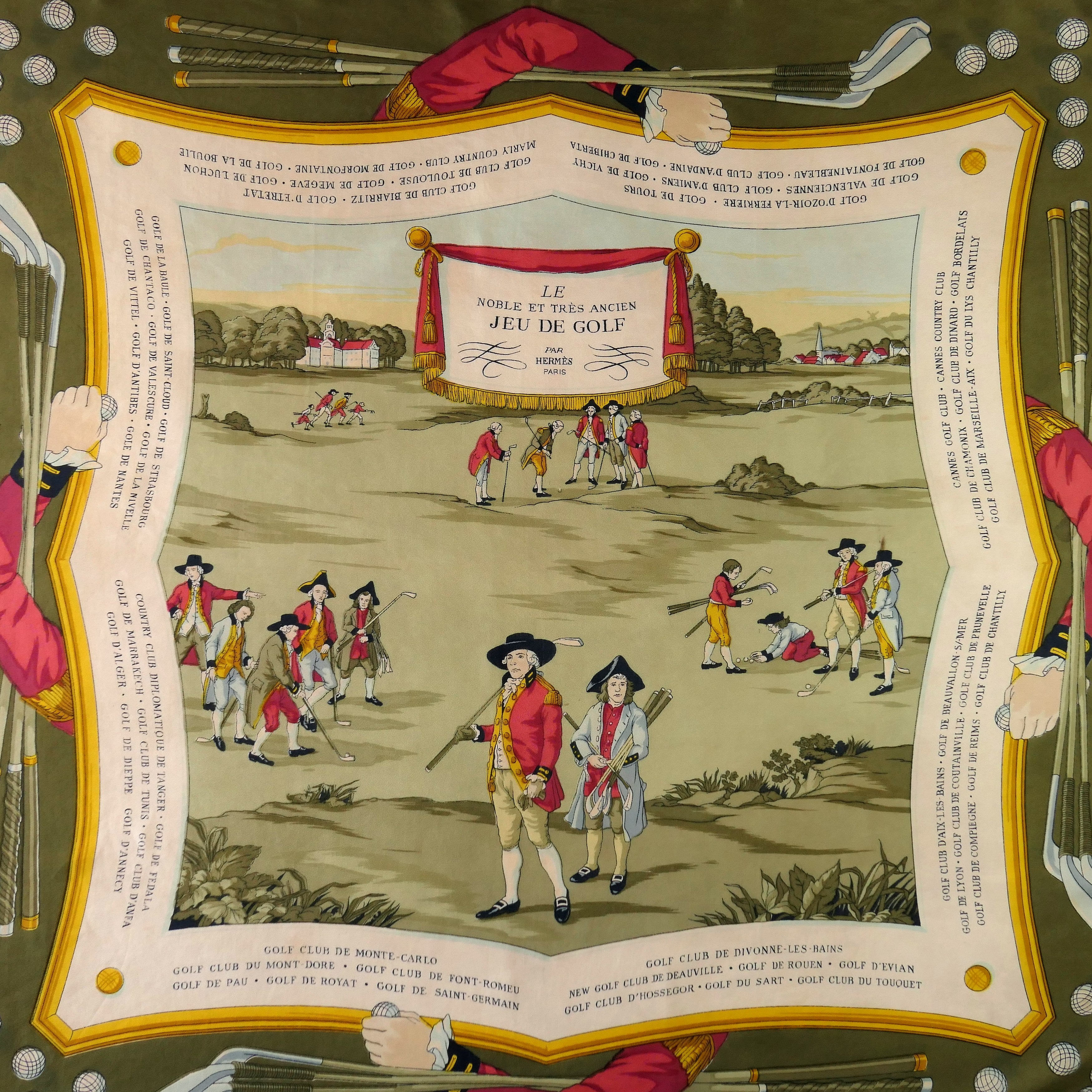 Carré Hermès Noble et très ancien jeu de golf 90 cm soie, vue d'ensemble en perspective