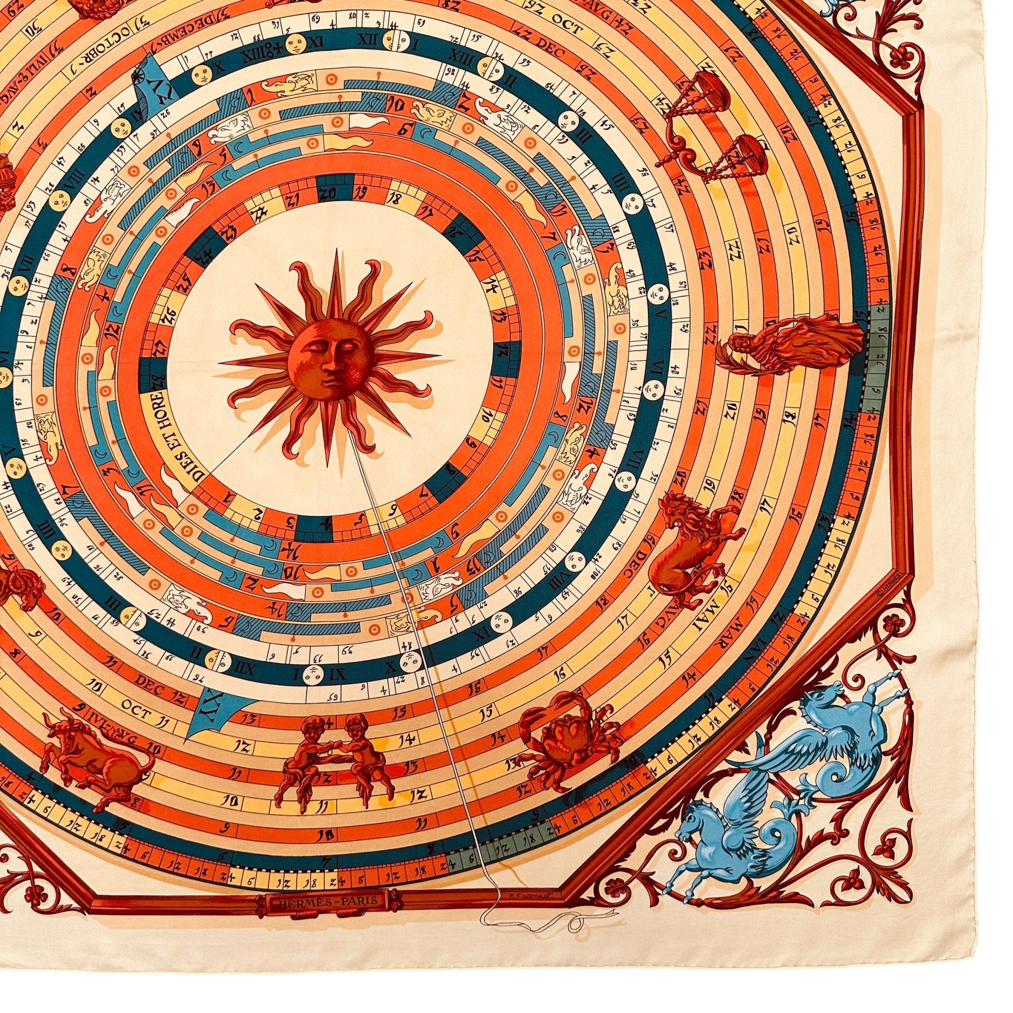 foulard carre hermes en soie dies et hore frises bleu aux coins