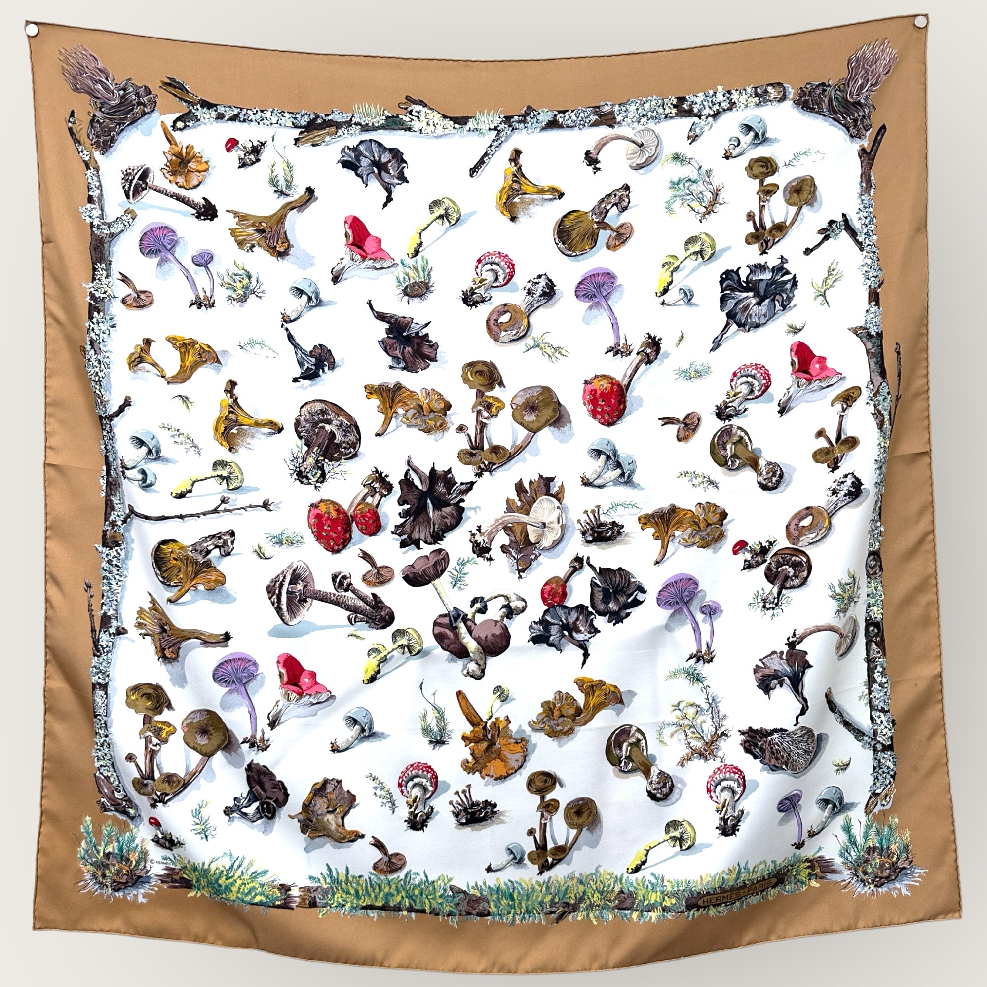 foulard-hermes-seconde-main-les-champignons-blanc-et-marron