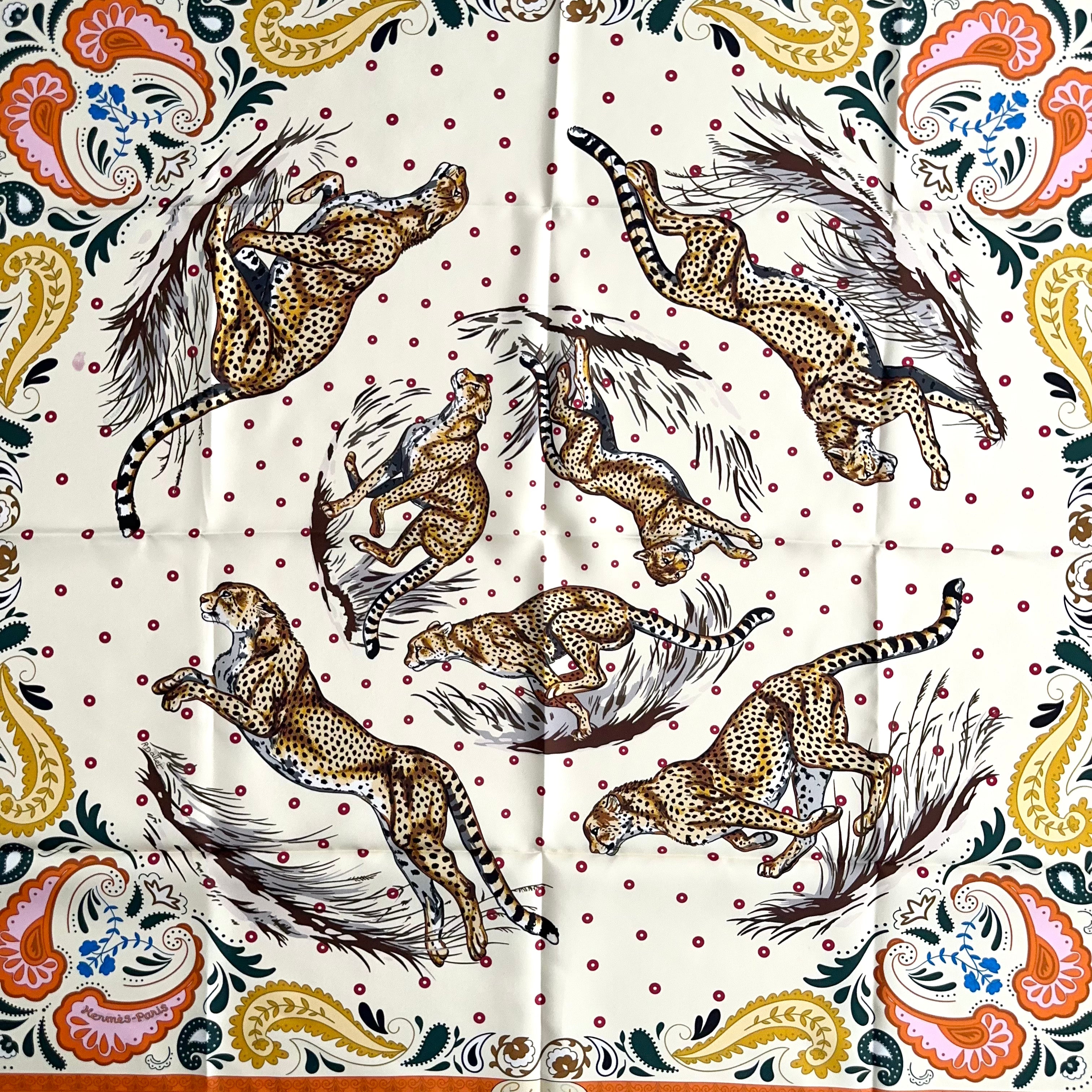 Foulard Hermès 90 cm – Guépards Bandana – Robert Dallet (2025) — Double Face
