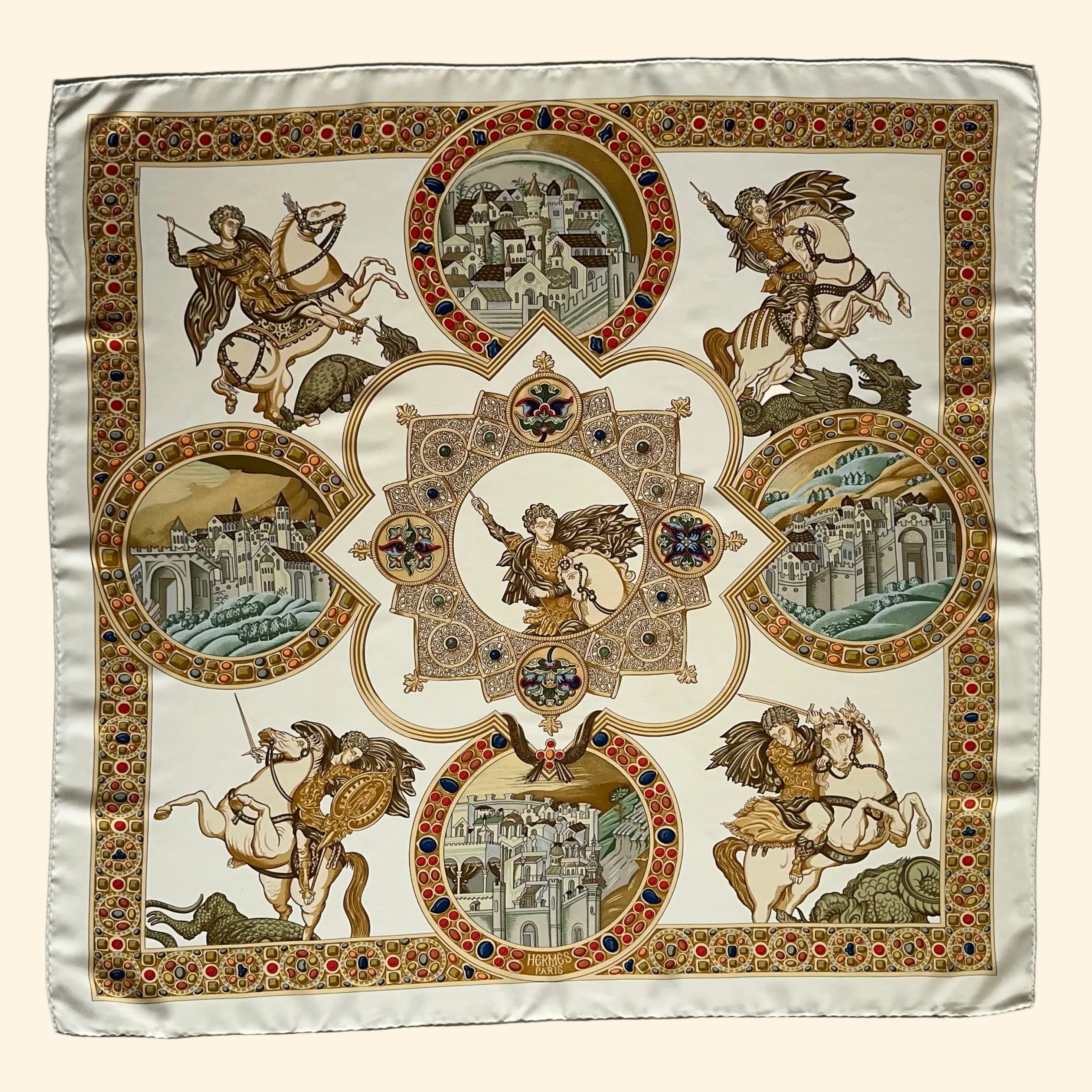 Carré Hermès 90 cm – Le Triomphe du Paladin – Julie Abadie (1999)